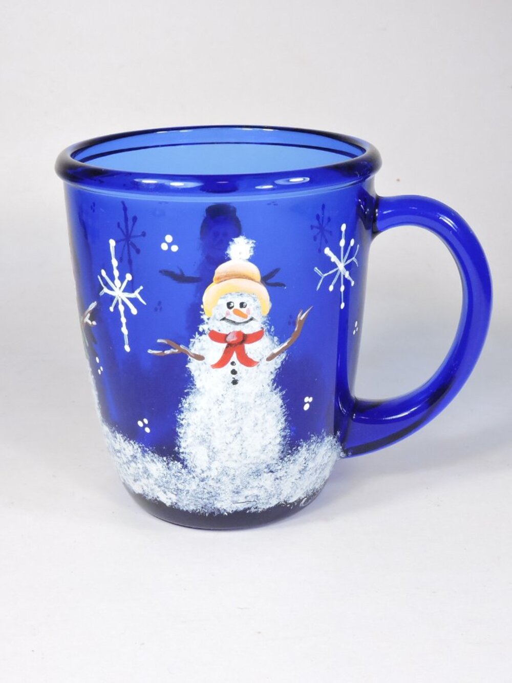Vintage Hand Painted Christmas Snowman On Cobalt Blue 8 oz Mug By Arcoroc France